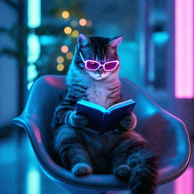 The primary subject of the image is a cat sitting in a chair and reading a book. The cat is wearing sunglasses, adding a playful and quirky touch to the scene. The setting appears to be indoors, with a potted plant visible in the background. The visual style of the image is a combination of photo and digital art, creating a unique and whimsical scene. The dominant colors in the image are pink and blue, giving the scene a fun and lively atmosphere.